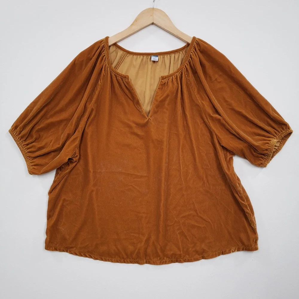 Old Navy Womens Cognac Brown Velvet Puff Sleeve Split Neck Blouse‎ Top Large